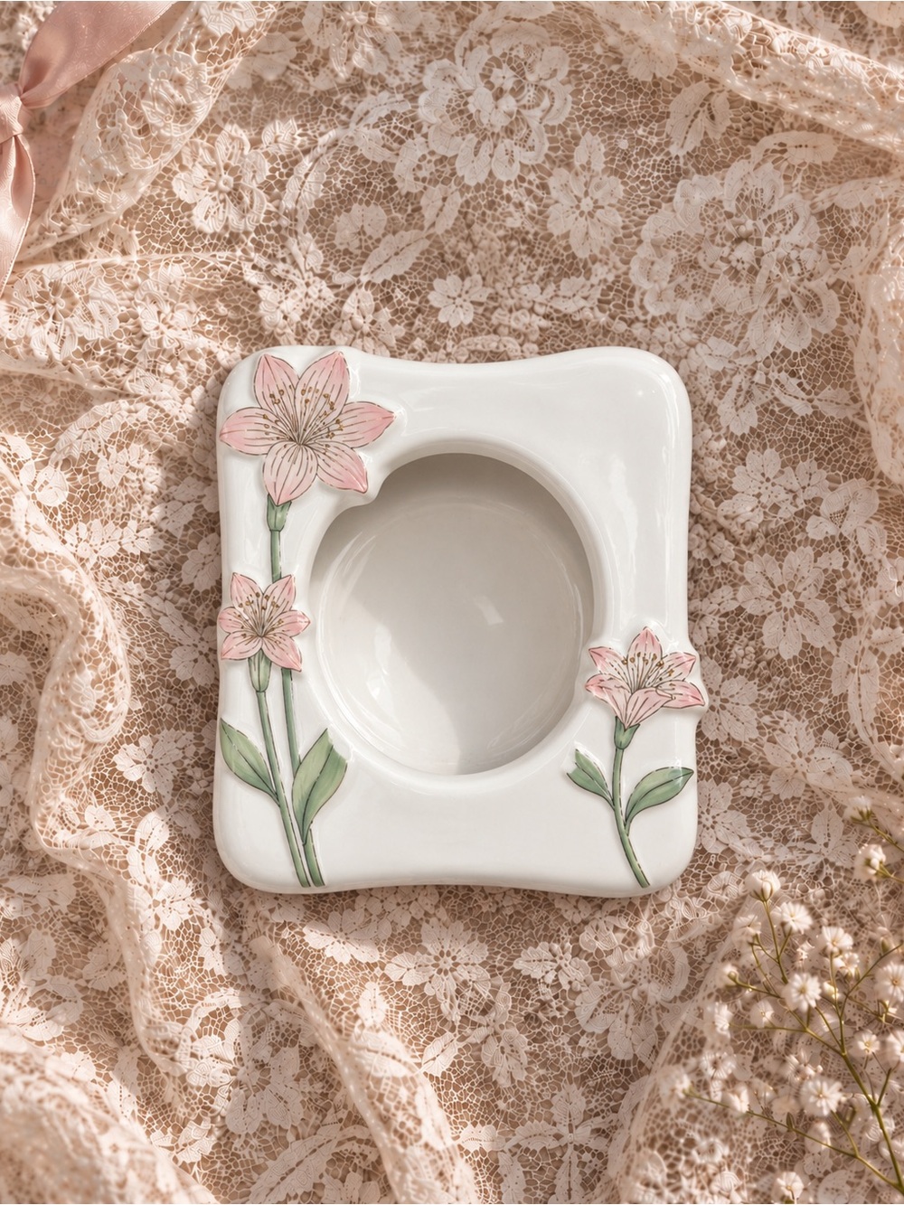 Handcrafted Ceramic Picture Frame with Pink Floral Accent